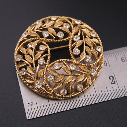 ❤️ Vintage Emmons Gold-Tone Laurel Wreath Rhinestone Circle Brooch