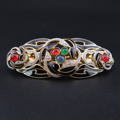 ❤️ Vintage French Black Enamel Rhinestone Hair Barrette with Cabochon Glass Accents