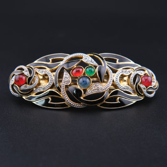 ❤️ Vintage French Black Enamel Rhinestone Hair Barrette with Cabochon Glass Accents