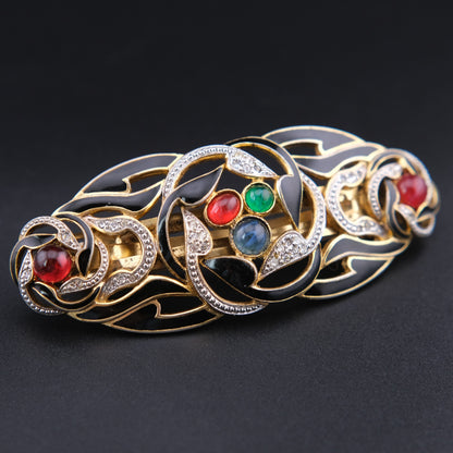 ❤️ Vintage French Black Enamel Rhinestone Hair Barrette with Cabochon Glass Accents