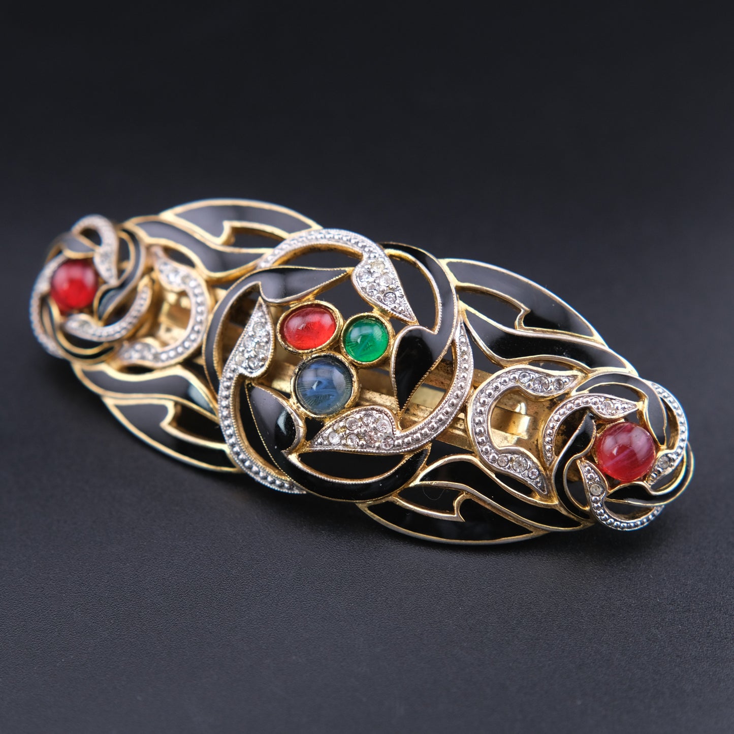❤️ Vintage French Black Enamel Rhinestone Hair Barrette with Cabochon Glass Accents