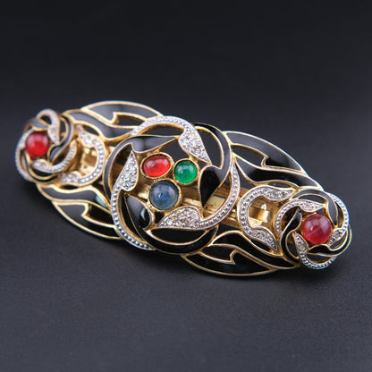 ❤️ Vintage French Black Enamel Rhinestone Hair Barrette with Cabochon Glass Accents