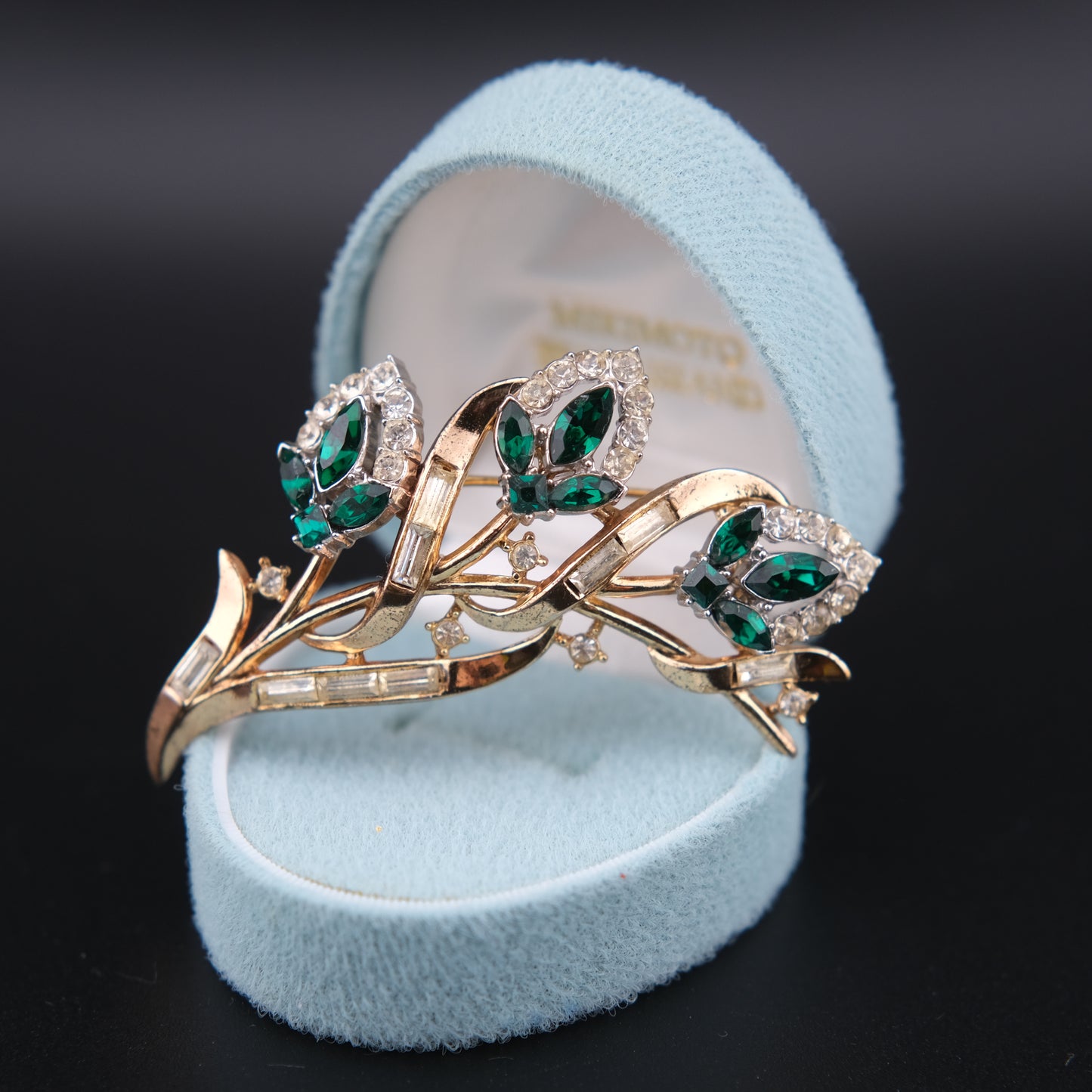 ❤️ Vintage Crown Trifari “Flirtation” Emerald Green Rhinestone Floral Brooch  Designed by Alfred Philippe, 1953