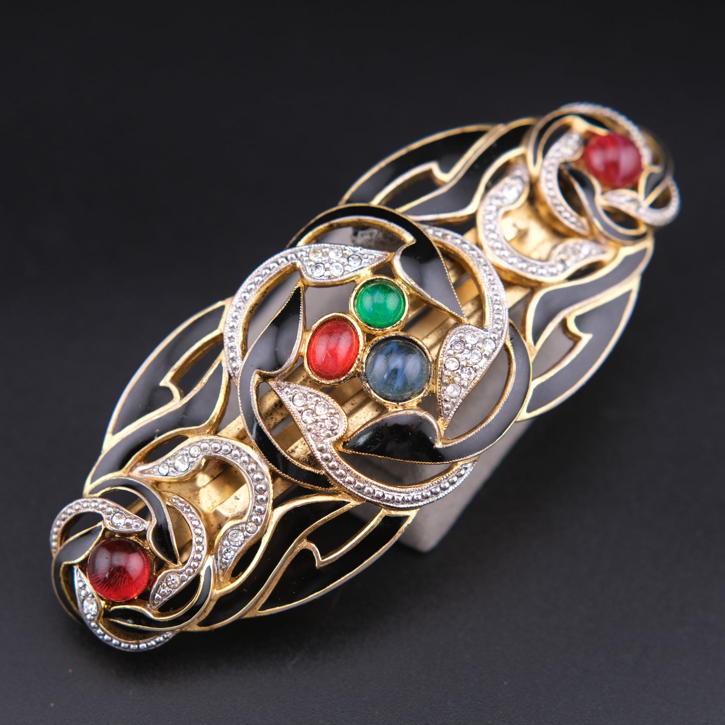 ❤️ Vintage French Black Enamel Rhinestone Hair Barrette with Cabochon Glass Accents