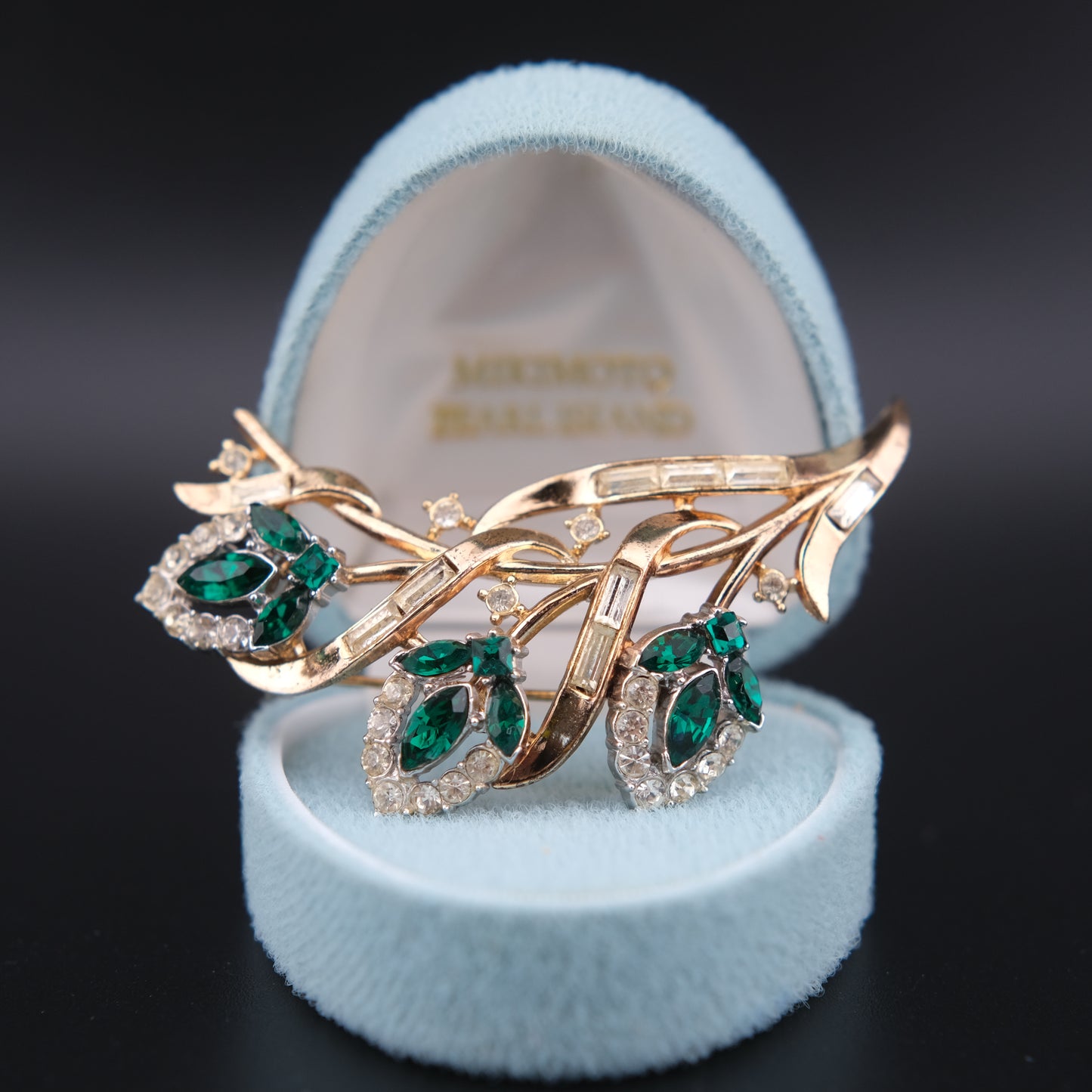 ❤️ Vintage Crown Trifari “Flirtation” Emerald Green Rhinestone Floral Brooch  Designed by Alfred Philippe, 1953