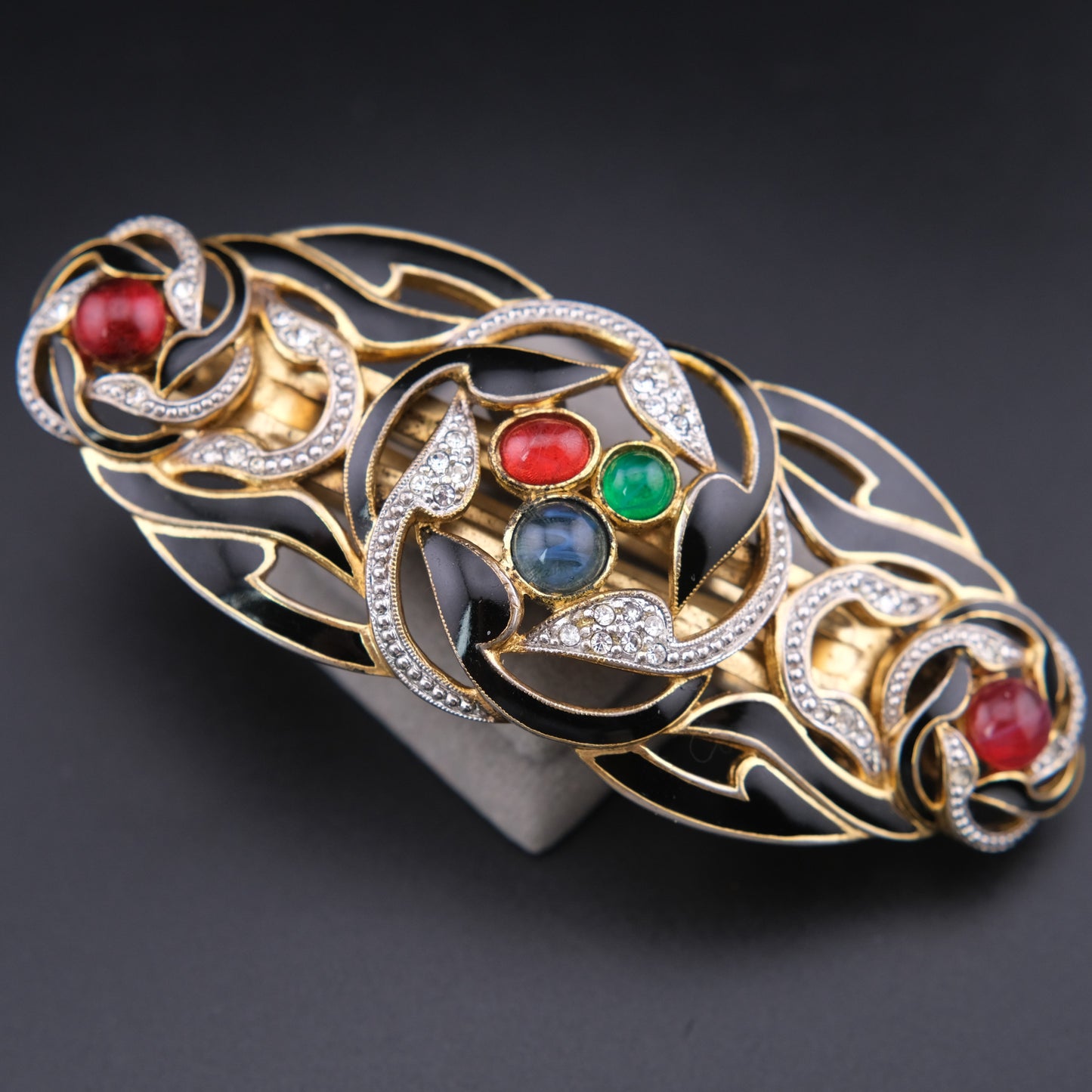 ❤️ Vintage French Black Enamel Rhinestone Hair Barrette with Cabochon Glass Accents