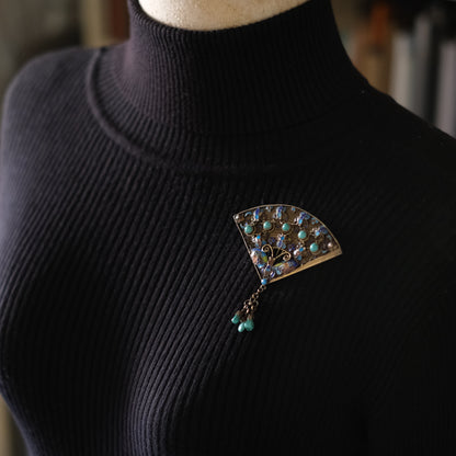 ❤️ Vintage Chinese Silver Filigree Fan Brooch Turquoise Enamel Butterfly Dangle