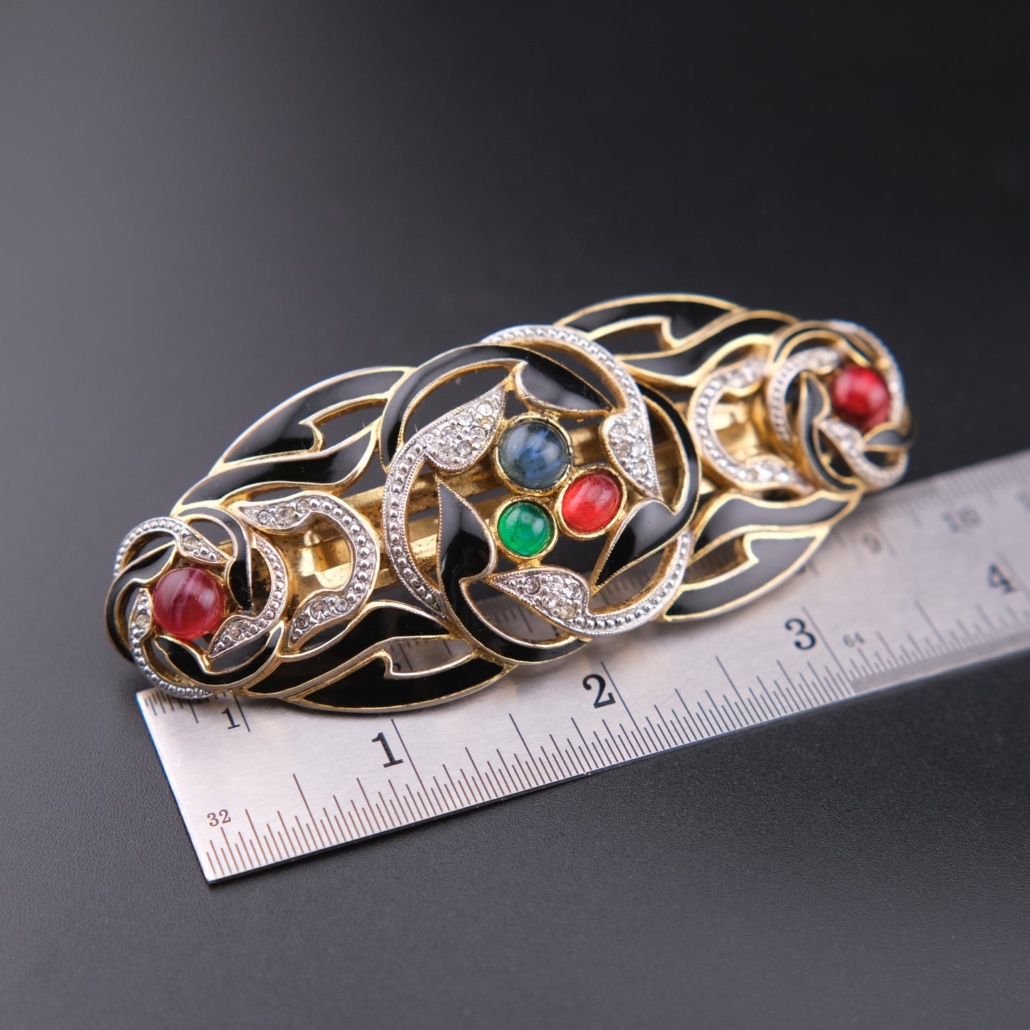 ❤️ Vintage French Black Enamel Rhinestone Hair Barrette with Cabochon Glass Accents