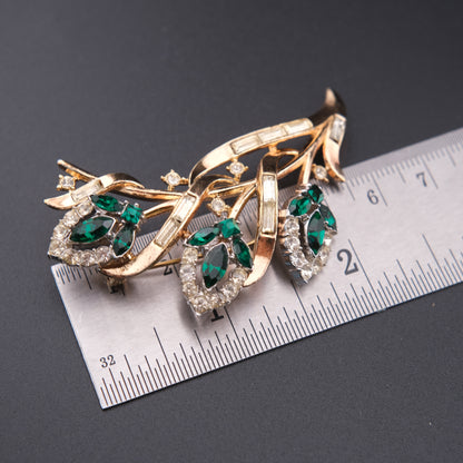 ❤️ Vintage Crown Trifari “Flirtation” Emerald Green Rhinestone Floral Brooch  Designed by Alfred Philippe, 1953