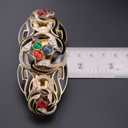 ❤️ Vintage French Black Enamel Rhinestone Hair Barrette with Cabochon Glass Accents