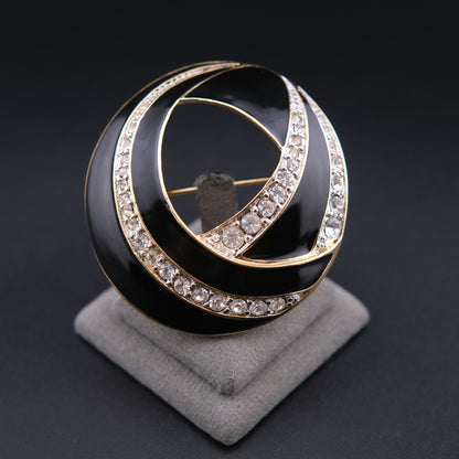 ❤️ Vintage Trifari Black Enamel & Rhinestone Domed Swirl Brooch