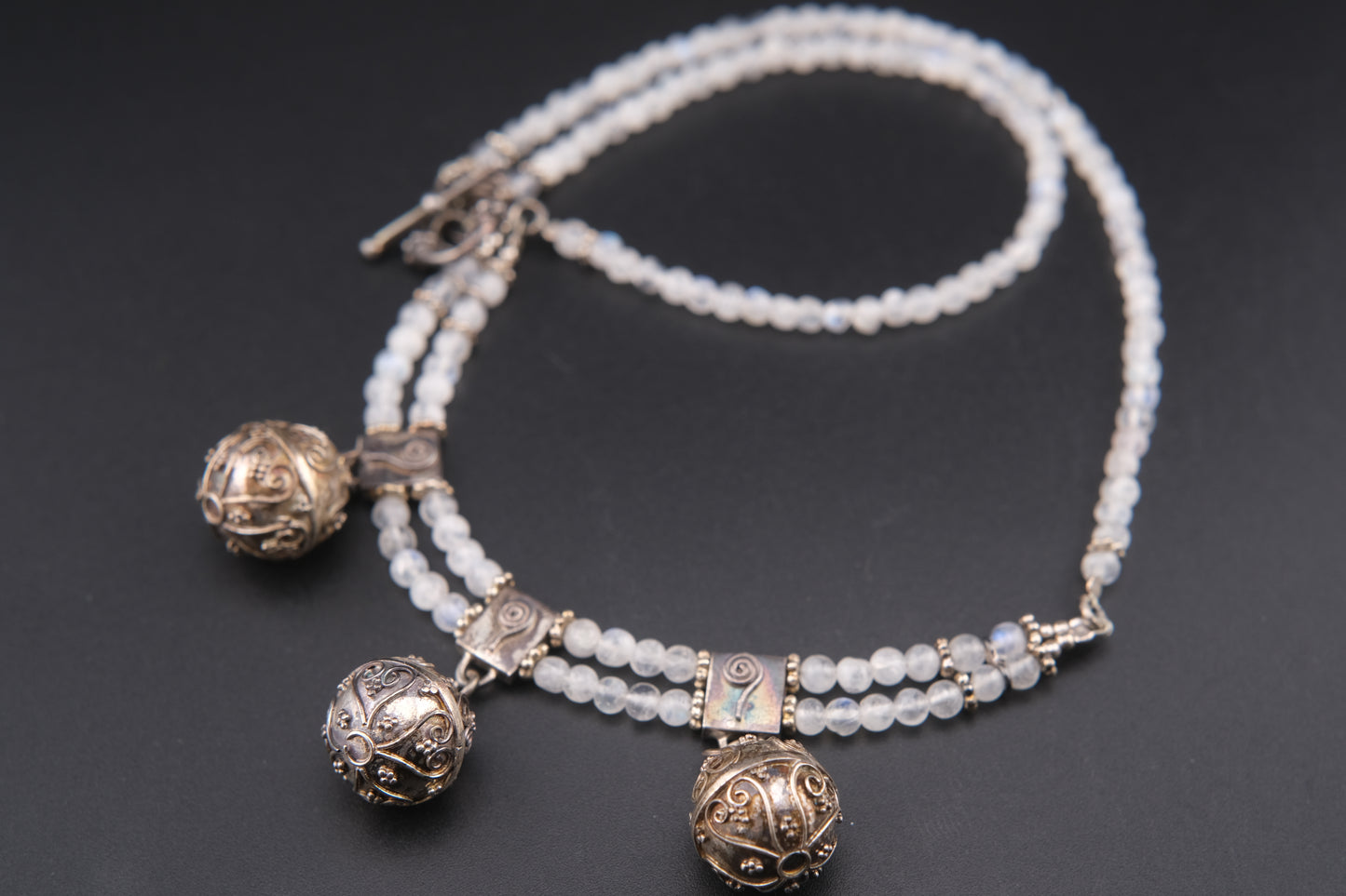 Vintage Sterling Silver Harmony Bell Necklace with Moonstone-Like Beads