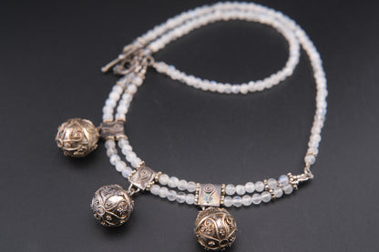 Vintage Sterling Silver Harmony Bell Necklace with Moonstone-Like Beads