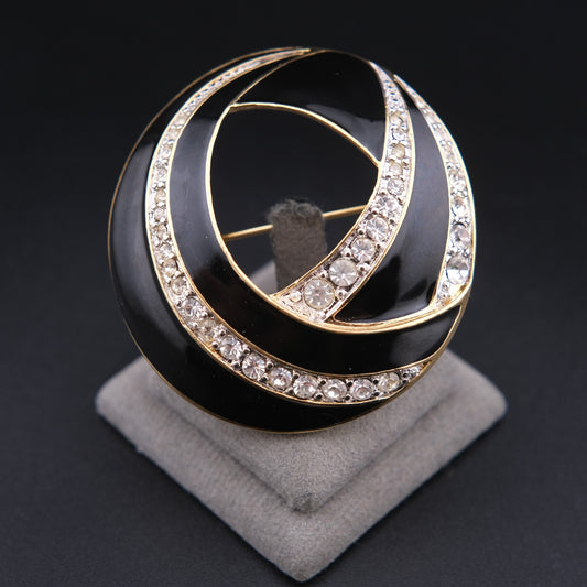 ❤️ Vintage Trifari Black Enamel & Rhinestone Domed Swirl Brooch
