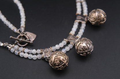 Vintage Sterling Silver Harmony Bell Necklace with Moonstone-Like Beads