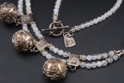 Vintage Sterling Silver Harmony Bell Necklace with Moonstone-Like Beads