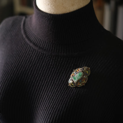 ❤️ Vintage Chinese Silver Filigree Enamel Jade Brooch 2" Green Stone