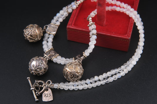 Vintage Sterling Silver Harmony Bell Necklace with Moonstone-Like Beads
