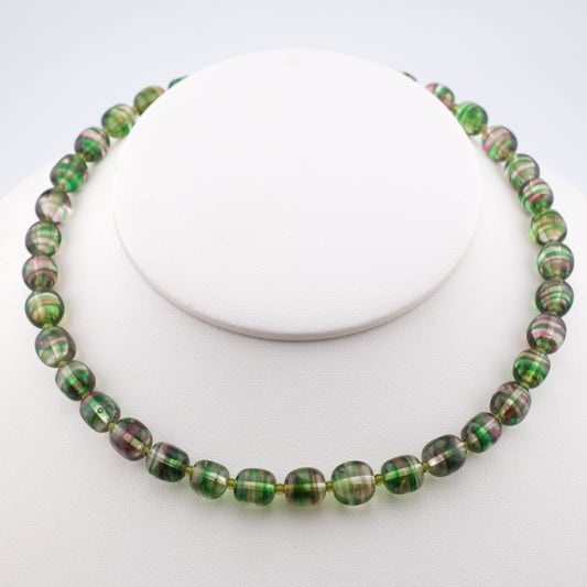 Kenzo Glass Beaded Necklace – Striped Green & Pink Beads – 16” – Vintage Designer Jewelry