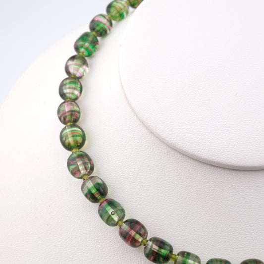 Kenzo Glass Beaded Necklace – Striped Green & Pink Beads – 16” – Vintage Designer Jewelry