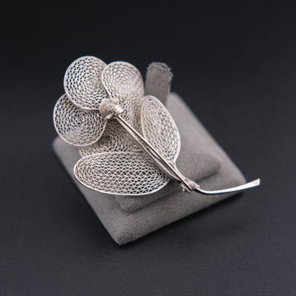❤️ Elegant Vintage Sterling Silver Filigree Flower Brooch with Pearl Center, Floral Leaf Design Pin