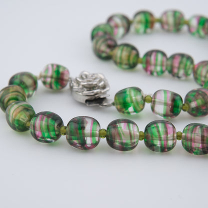 Kenzo Glass Beaded Necklace – Striped Green & Pink Beads – 16” – Vintage Designer Jewelry