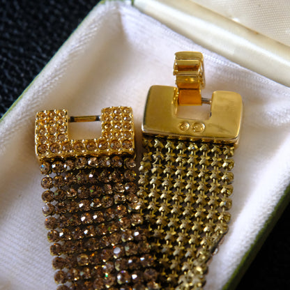 Vintage Swarovski Wide Mesh Bracelet with Champagne Crystals – Gold-Tone Pave Geometric Clasp