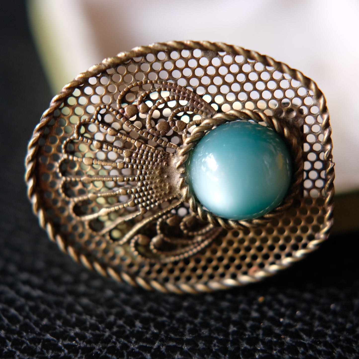 Vintage Brass Filigree Scarf Clip with Turquoise Glass Cabochon – 1950s Costume Jewelry