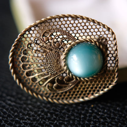 Vintage Brass Filigree Scarf Clip with Turquoise Glass Cabochon – 1950s Costume Jewelry