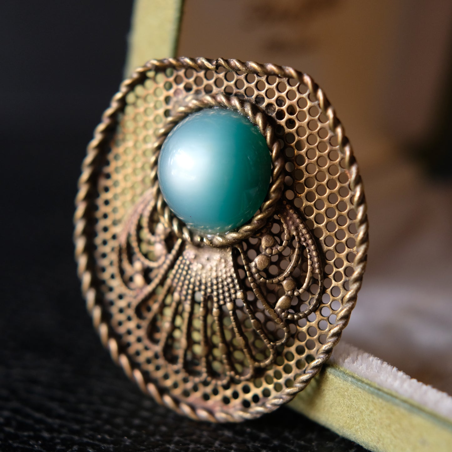 Vintage Brass Filigree Scarf Clip with Turquoise Glass Cabochon – 1950s Costume Jewelry
