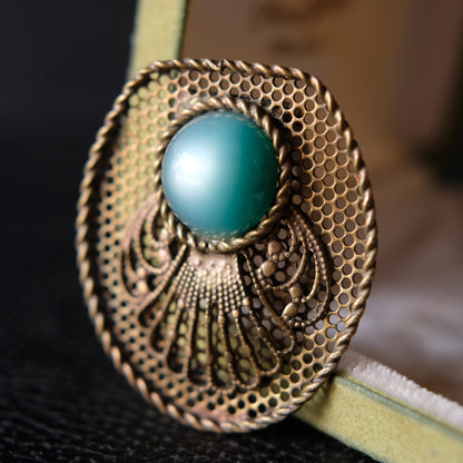 Vintage Brass Filigree Scarf Clip with Turquoise Glass Cabochon – 1950s Costume Jewelry