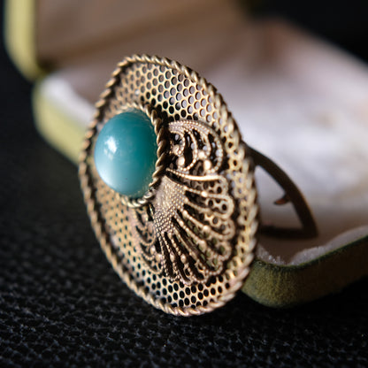 Vintage Brass Filigree Scarf Clip with Turquoise Glass Cabochon – 1950s Costume Jewelry