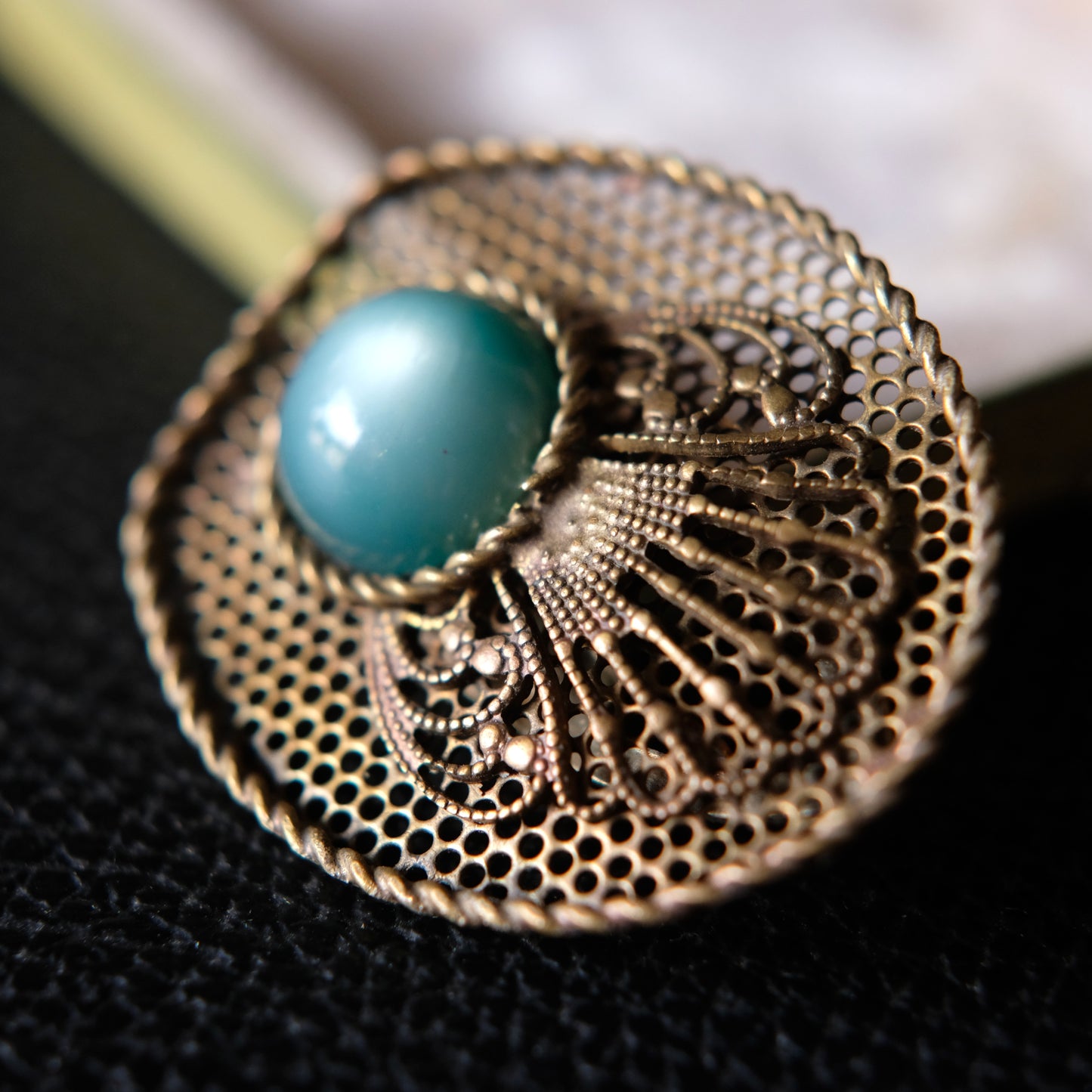 Vintage Brass Filigree Scarf Clip with Turquoise Glass Cabochon – 1950s Costume Jewelry