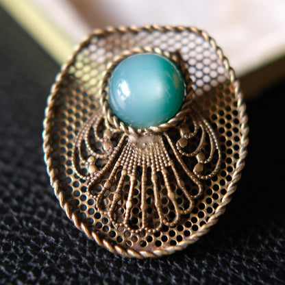 Vintage Brass Filigree Scarf Clip with Turquoise Glass Cabochon – 1950s Costume Jewelry