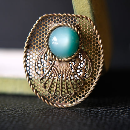 Vintage Brass Filigree Scarf Clip with Turquoise Glass Cabochon – 1950s Costume Jewelry