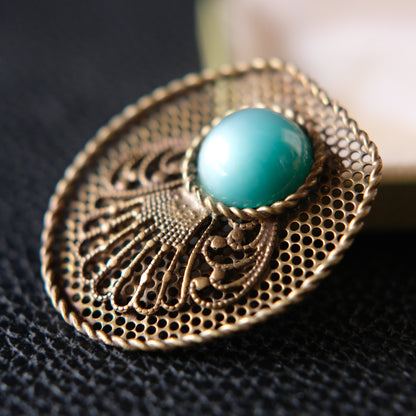 Vintage Brass Filigree Scarf Clip with Turquoise Glass Cabochon – 1950s Costume Jewelry