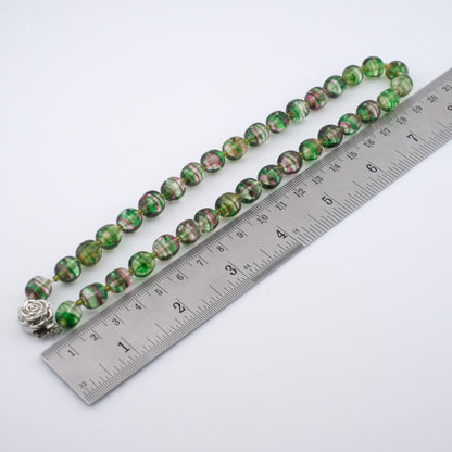 Kenzo Glass Beaded Necklace – Striped Green & Pink Beads – 16” – Vintage Designer Jewelry