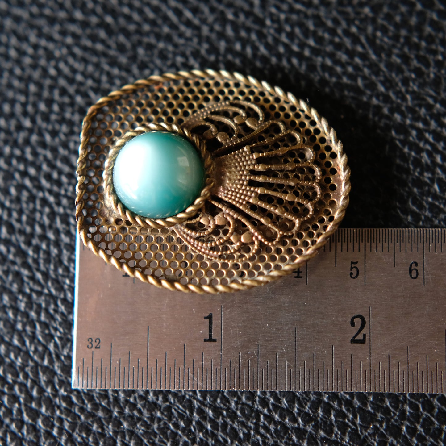 Vintage Brass Filigree Scarf Clip with Turquoise Glass Cabochon – 1950s Costume Jewelry