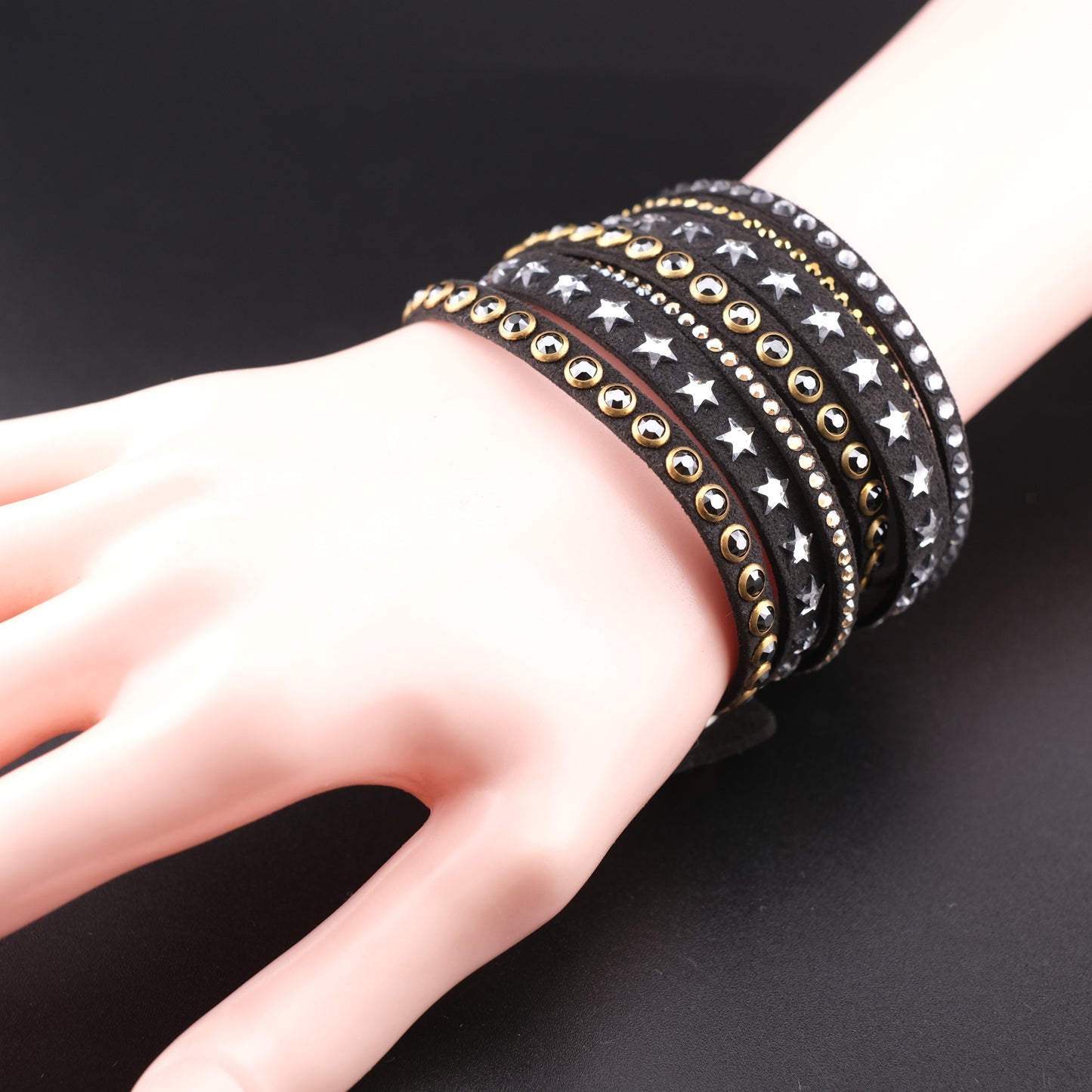 ❤️ Vintage Swarovski Dark Brown Crystal Star Wrap Bracelet Multi Strand Cuff