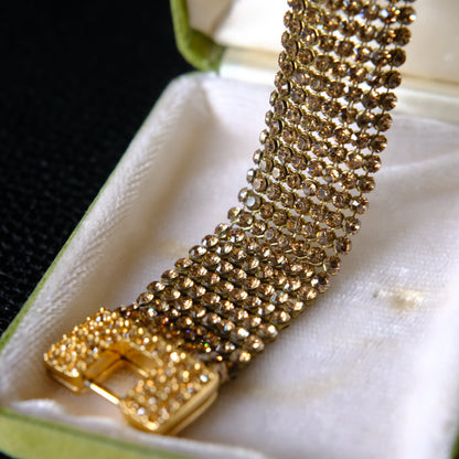 Vintage Swarovski Wide Mesh Bracelet with Champagne Crystals – Gold-Tone Pave Geometric Clasp