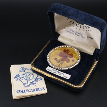 Vintage Pierre Bex Pressed Flower Brooch | Signed | Rhinestone Border | Crown English Jewellery Box
