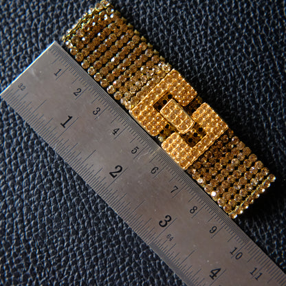 Vintage Swarovski Wide Mesh Bracelet with Champagne Crystals – Gold-Tone Pave Geometric Clasp