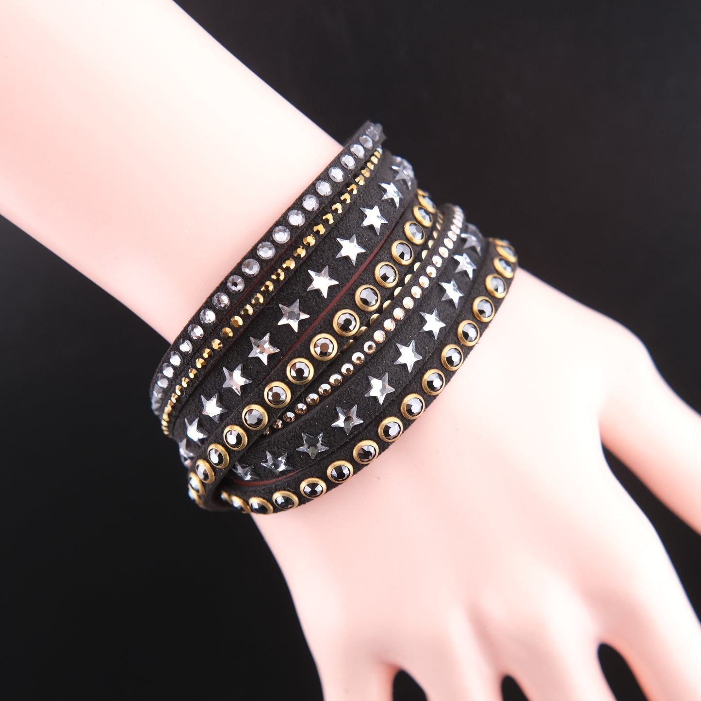 ❤️ Vintage Swarovski Dark Brown Crystal Star Wrap Bracelet Multi Strand Cuff