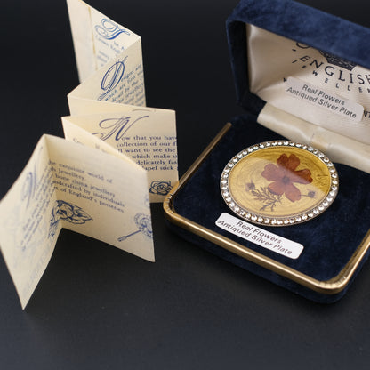 Vintage Pierre Bex Pressed Flower Brooch | Signed | Rhinestone Border | Crown English Jewellery Box