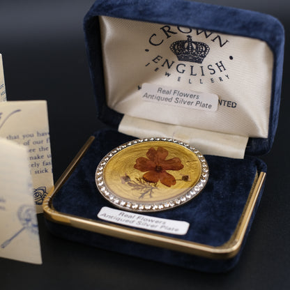 Vintage Pierre Bex Pressed Flower Brooch | Signed | Rhinestone Border | Crown English Jewellery Box