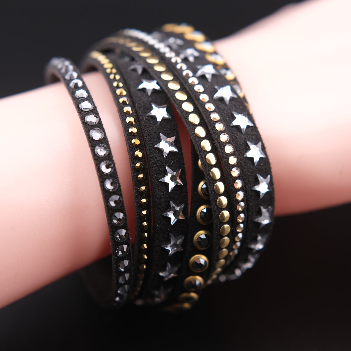 ❤️ Vintage Swarovski Dark Brown Crystal Star Wrap Bracelet Multi Strand Cuff