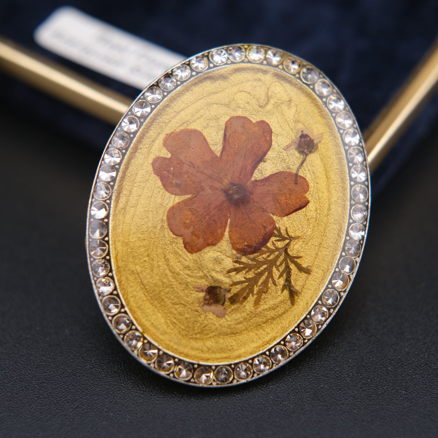 Vintage Pierre Bex Pressed Flower Brooch | Signed | Rhinestone Border | Crown English Jewellery Box