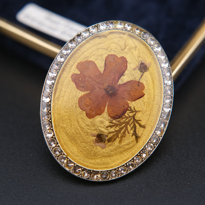 Vintage Pierre Bex Pressed Flower Brooch | Signed | Rhinestone Border | Crown English Jewellery Box