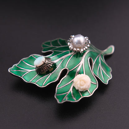 ❤️ Vintage High Silver Botanical Leaf Brooch with Opal & Pearl Accents