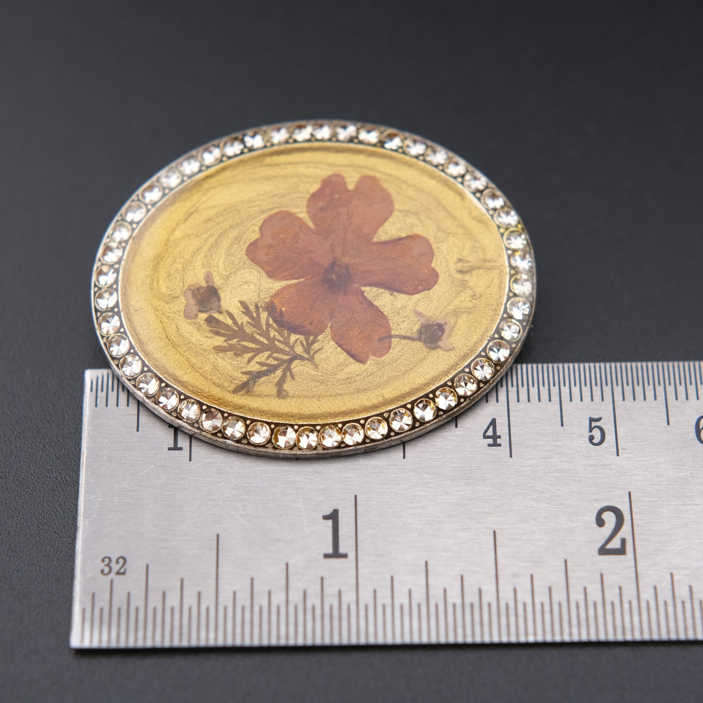 Vintage Pierre Bex Pressed Flower Brooch | Signed | Rhinestone Border | Crown English Jewellery Box